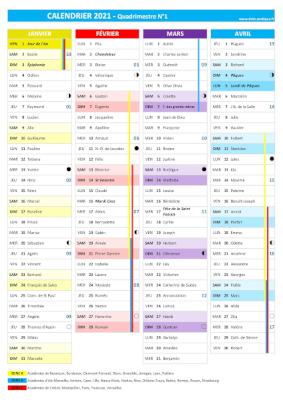 Calendrier 2021 quadrimestre N°1 : mois de janvier, février, mars et avril 2021.