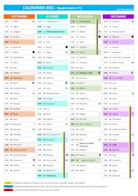 Calendrier 2021 quadrimestre N°3 : mois de septembre, octobre, novembre et décembre 2021.