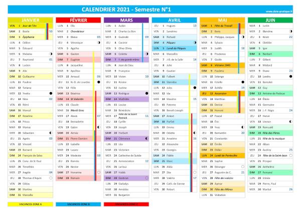 Calendrier 2021 semestre 1.