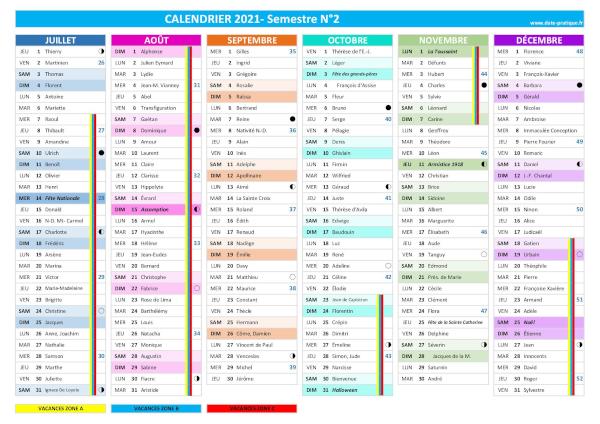 Calendrier 2021 semestre 2.