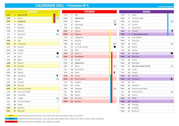 Calendrier 2021 trimestre N°1 : mois de janvier, février et mars 2021.
