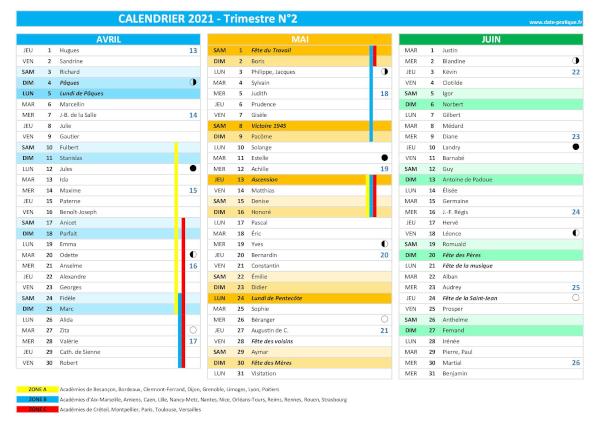 Calendrier trimestriel 2021 à imprimer - Trimestre N°2.