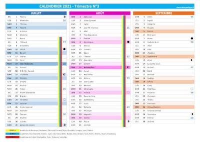 Calendrier 2021 trimestre N°3 : mois de juillet, août et septembre 2021.