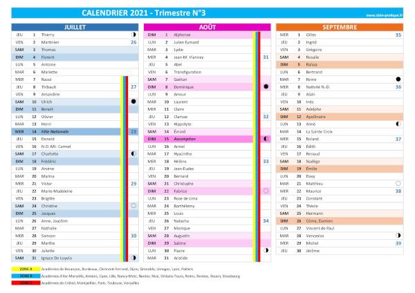 Calendrier 2021 trimestre N°3 : mois de juilet, août et septembre 2021.