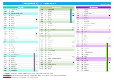 Calendrier 2021 trimestre N°4 : mois d'octobre, novembre et décembre 2021.