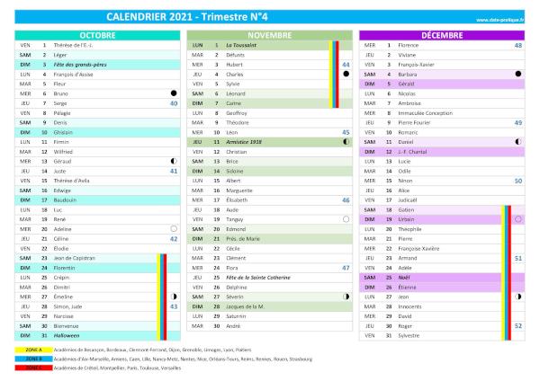 Calendrier 2021 trimestre N°4 : mois d'octobre, novembre et décembre 2021.
