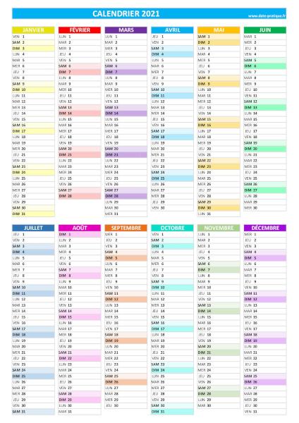 Calendrier 2021 vierge à imprimer, format A4 paysage.