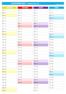 Calendrier 2021 vierge pour les mois de janvier, février, mars et avril 2021.