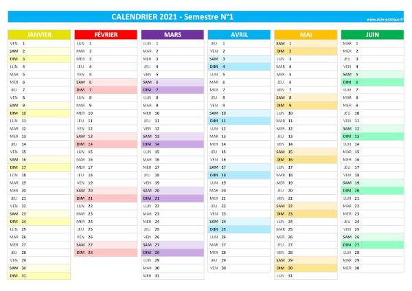 Calendrier 2021 vierge à imprimer - Semestre N°1.