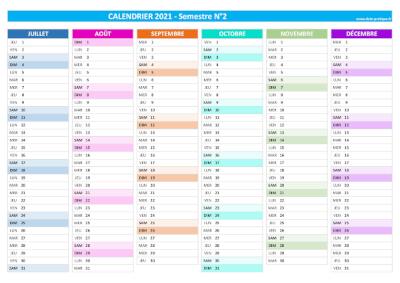 Calendrier 2021 semestriel : semestre N°2.