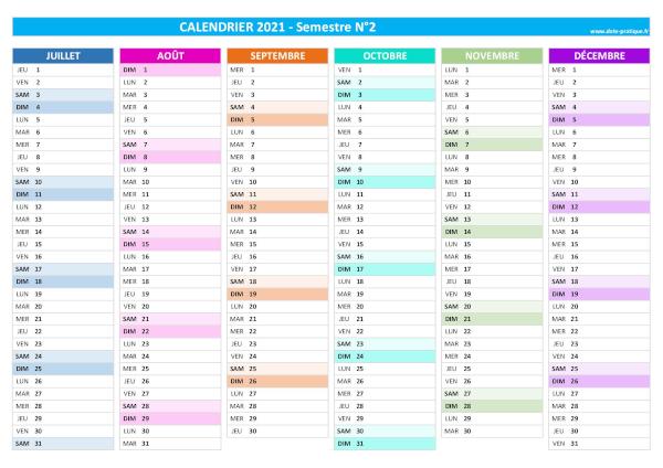Calendrier 2021 vierge à imprimer - Semestre N°2.