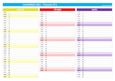Calendrier 2021 vierge trimestre N°1 : mois de janvier, février et mars 2021.