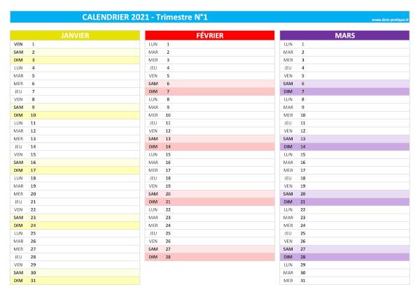 Calendrier 2021 vierge trimestre N°1 : mois de janvier, février et mars 2021.
