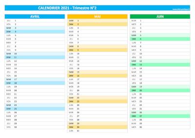 Calendrier 2021 vierge trimestre N°2 : mois d'avril, mai et juin 2021.