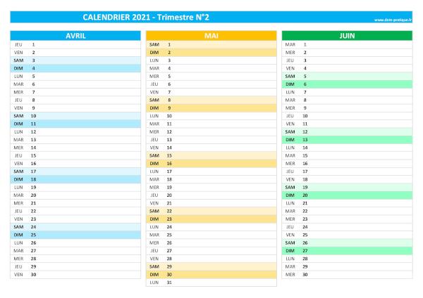Calendrier 2021 vierge trimestre N°2 : mois d'avril, mai et juin 2021.