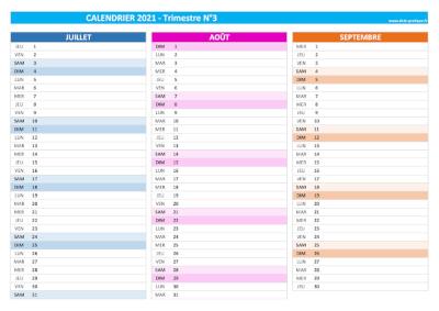 Calendrier 2021 vierge trimestre N°3 : mois de juillet, août et septembre 2021.