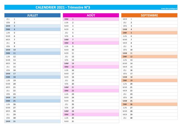 Calendrier 2021 vierge trimestre N°3 : mois de juilet, août et septembre 2021.
