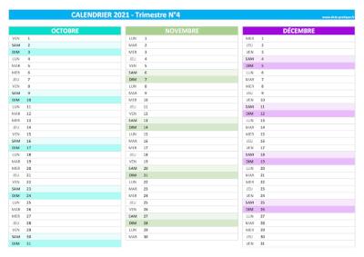 Calendrier 2021 vierge trimestre N°4 : mois d'octobre, novembre et décembre 2021.