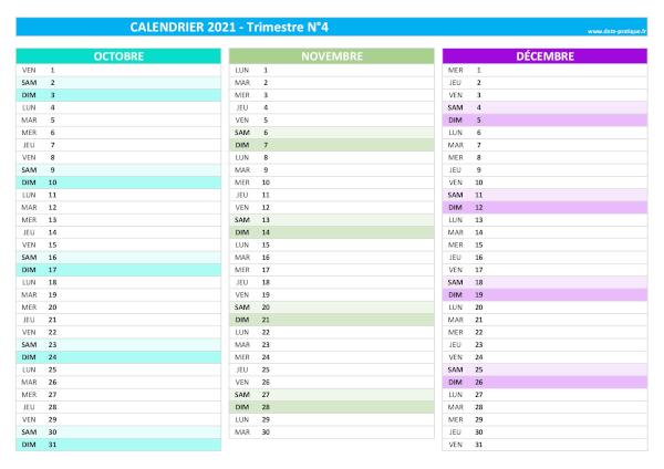 Calendrier 2021 vierge trimestre N°4 : mois d'octobre, novembre et décembre.