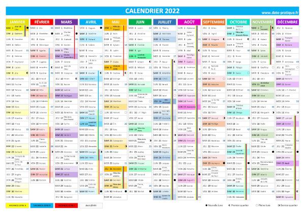 Calendrier 2022 avec fêtes à imprimer.