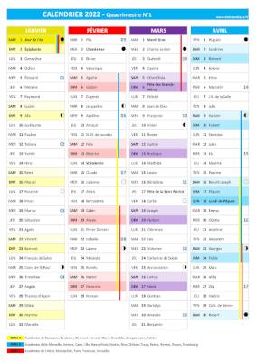Calendrier 2022 quadrimestre N°1 : mois de janvier, février, mars et avril 2022.