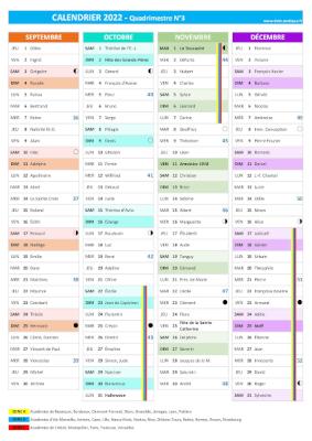 Calendrier 2022 quadrimestre N°3 : mois de septembre, octobre, novembre et décembre 2022.
