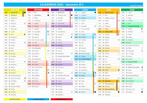 Calendrier 2022 semestre 1.
