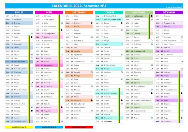 Calendrier 2022 semestre 2.