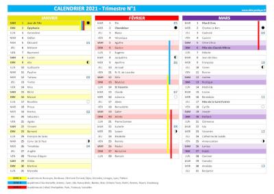 Calendrier 2022 trimestre N°1 : mois de janvier, février et mars 2022.