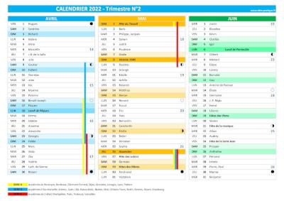 Calendrier 2022 trimestre N°2 : mois d'avril, mai et juin 2022.