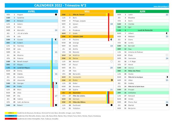 calendrier 2022 trimestre N°2 : mois d'avril, mai et juin 2022.