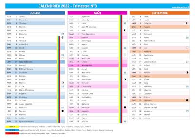 Calendrier 2022 trimestre N°3 : mois de juillet, août et septembre 2022.