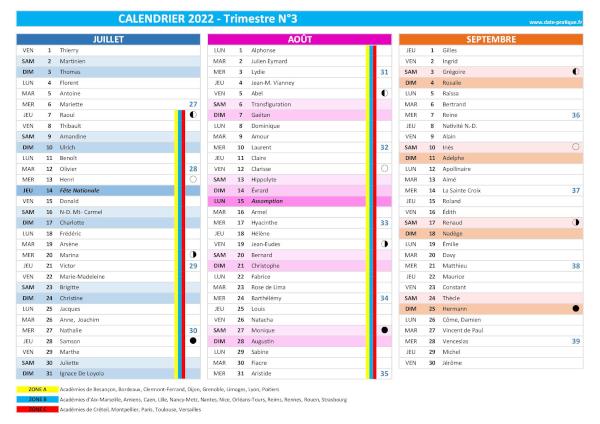 calendrier 2022 trimestre N°3 : mois de juilet, août et septembre 2022.