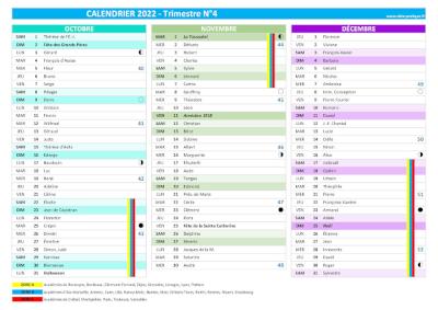 Calendrier 2022 trimestre N°4 : mois d'octobre, novembre et décembre 2022.