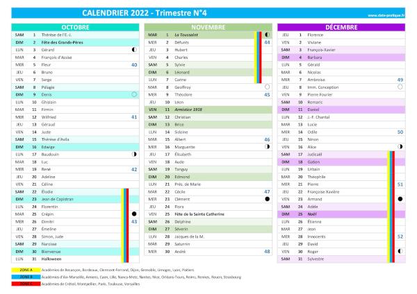 calendrier 2022 trimestre N°4 : mois d'octobre, novembre et décembre 2022.