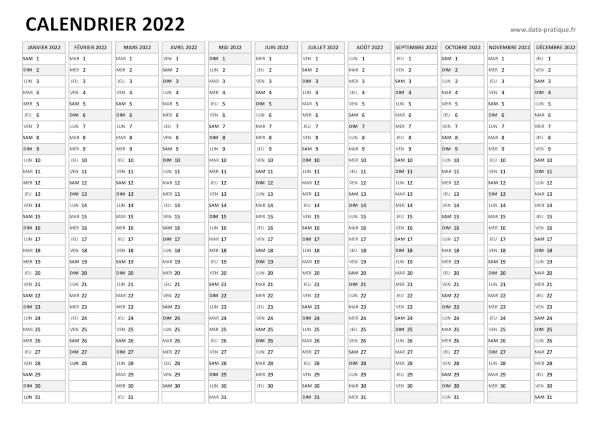 Calendrier vierge 2022 à imprimer.
