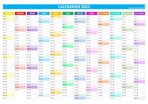 Calendrier 2022 vierge à imprimer, format A4 paysage.