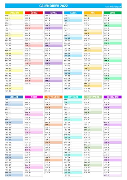 Calendrier 2022 vierge à imprimer, format A4 paysage.