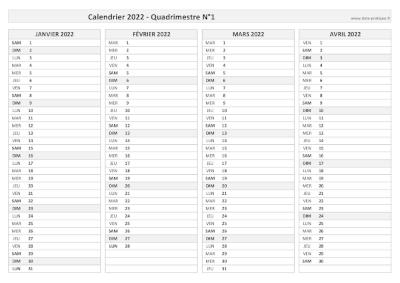 Calendrier 2022 vierge pour les mois de janvier, février, mars et avril 2022.