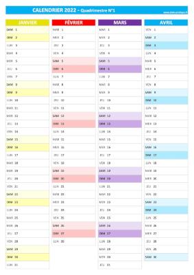 Calendrier 2022 vierge pour les mois de janvier, février, mars et avril 2022.