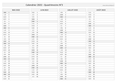 Calendrier 2022 vierge pour les mois de mai, juin, juillet, août 2022.