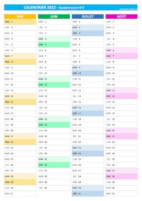 Calendrier 2022 vierge pour les mois de mai, juin, juillet, août 2022.