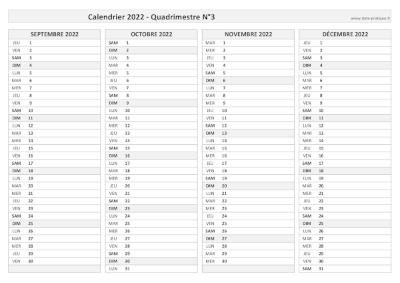Calendrier 2022 vierge pour les mois de septembre, octobre, novembre, décembre 2022.
