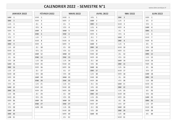 Calendrier 2022 vierge Semestre N°1 : mois de janvier, février, mars, avril, mai et juin 2022.