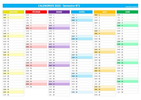 Calendrier 2022 vierge à imprimer - Semestre N°1.