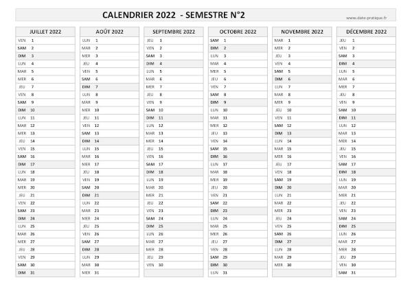 Calendrier 2022 vierge Semestre N°2 : mois de juillet, août, septembre, octobre, novembre et décembre 2022.