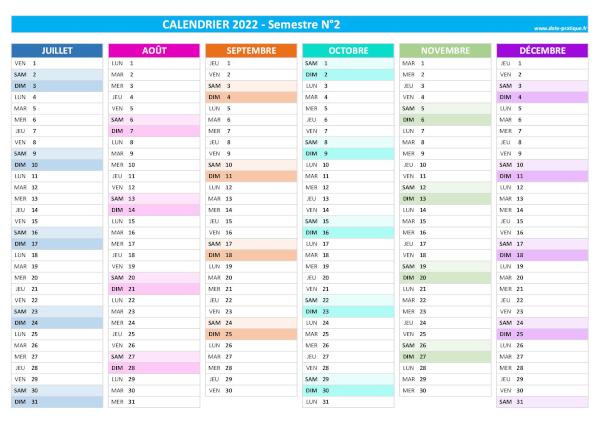 Calendrier 2022 vierge à imprimer - Semestre N°2.