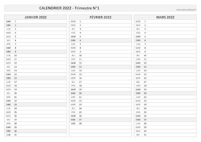 Calendrier vierge trimestre N°1 2022 : mois de janvier, février et mars 2022.