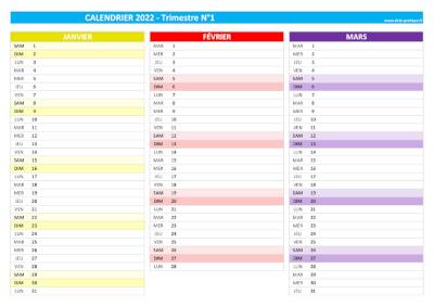 Calendrier 2022 vierge trimestre N°1 : mois de janvier, février et mars 2022.