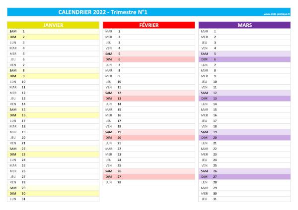calendrier 2022 vierge trimestre N°1 : mois de janvier, février et mars 2022.